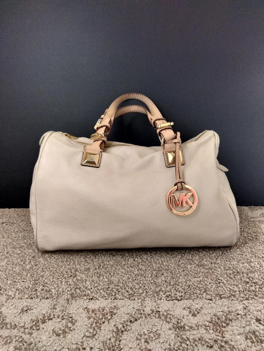 Michael Kors Grayson Satchel Bag Cream Pebbled Leather Duffle Handbag Purse